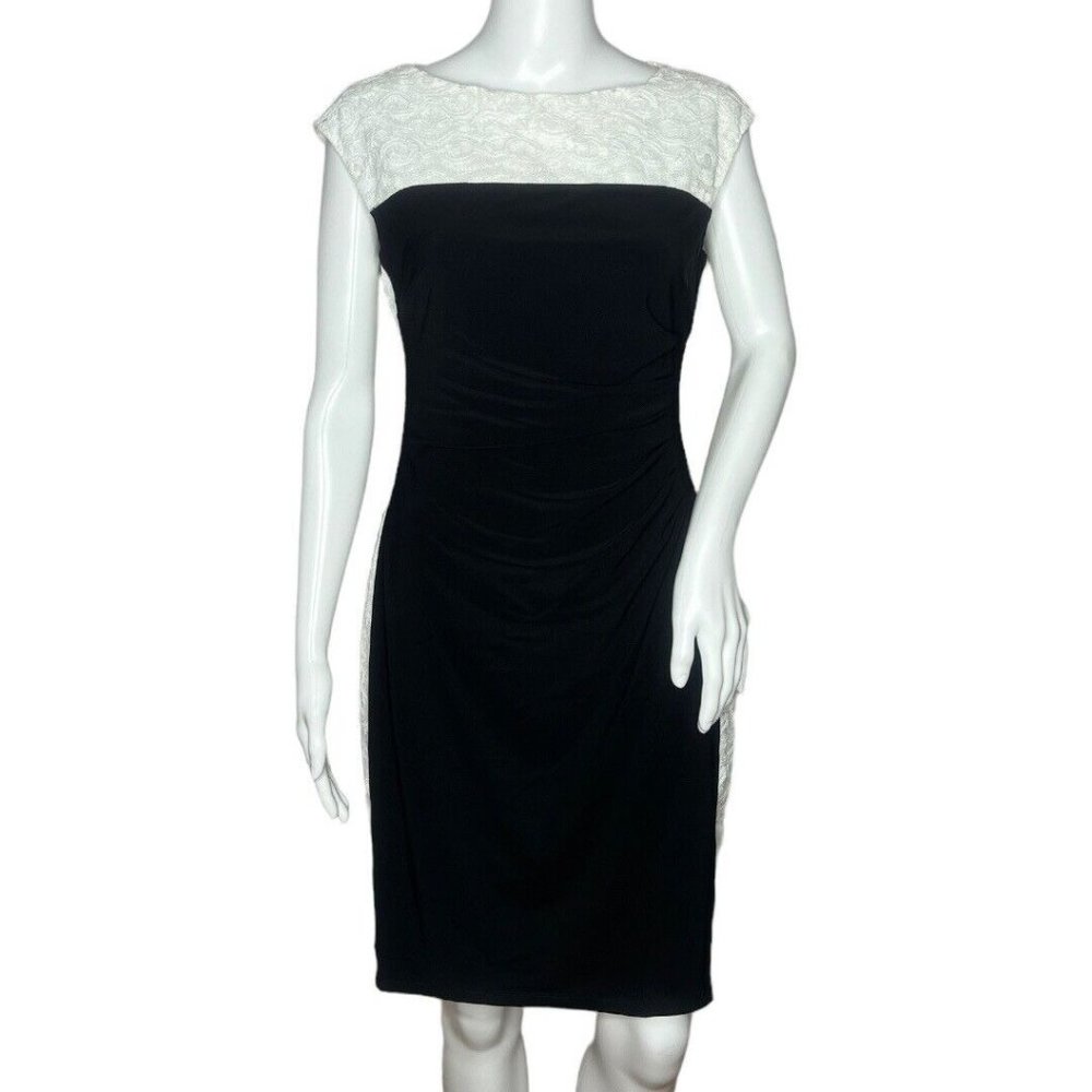 Ralph Lauren LRL Dress Womens 6 Black White Sheath Dress Lace Trim Ruched Side